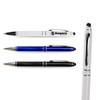 A collection of three metal pens in white, blue, and black, featuring a logo on one pen.
