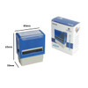 A blue self-inking rubber stamp next to its packaging, showcasing dimensions and design.