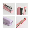 A pink and lavender stapler showcased from different angles, featuring metal components and sleek design.