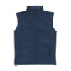 A navy blue vest with a high collar and zip closure, featuring two side pockets and a branding logo.