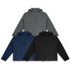 Three soft shell jackets in grey, navy, and black, featuring hoods and zippered front pockets, with a logo.