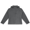 A grey soft shell jacket with a hood, featuring a zip front and a chest pocket. Includes a logo.