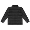 A black unisex puffer jacket with a quilted design and a high collar, featuring a logo.