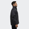A men's puffer jacket in dark grey, featuring a stand-up collar and a side view of the design.