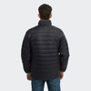 A black unisex puffer jacket viewed from the back, featuring a high collar and a simple design.