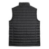 A black men's puffer vest with a high collar and quilted texture, featuring a logo on the back.