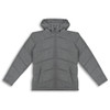 A grey puffer jacket with a hood, featuring a front zip and two side pockets. Includes a branding logo.