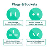 A graphic featuring four circular icons representing different plug types for travel adapters. Each icon is a teal colour.