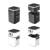 A travel adapter in black and white, featuring multiple USB ports and adjustable plug sections. Includes branding.