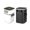 A travel adapter in white and black, featuring multiple USB ports and a compact design, with logos on both units.