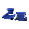 An inflatable floating chair in vibrant blue, featuring a cushioned backrest and armrests for comfort.