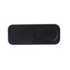 A black webcam cover with a sliding mechanism for lens protection. It features a simple design and has a logo.