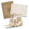 A wooden model of a forklift with an assembly kit, featuring a tan colour and intricate cut-out pieces.