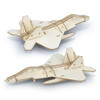A wooden model of a jet fighter in a natural wood finish, featuring detailed design elements and an unassembled appearance.