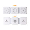 A foldable MagSafe wireless charger in white, featuring three charging pads on the front and a logo on the back.