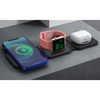 A 3-in-1 foldable MagSafe wireless charger featuring a black base, charging an iPhone, smartwatch, and AirPods.