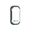 A rugged, black and green outdoor power bank with a white surface and a logo. Suitable for charging devices.