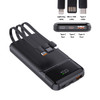 A black 10,000mAh eco fast charging power bank with integrated cables and multiple charging ports.