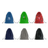 A set of six travel laundry bags in blue, green, red, navy, grey, and featuring different designs and logos.