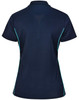 A navy blue women's polo shirt featuring contrasting turquoise side panels and a collar, with a logo on the chest.