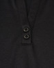 A black polo shirt featuring a V-neck and two buttons, made from sustainable poly/cotton material.