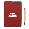 A red notebook with a textured cover and a pen beside it. The notebook features a logo on the front.