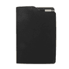 A black A5 notebook with a slim profile, featuring an interior pocket for notes or cards and a logo on the cover.