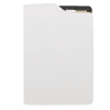 A white A5 notebook with a textured cover, featuring an inside pocket and a logo on the front.