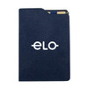 A navy blue A5 notebook with a textured cover, featuring a logo and a pen tucked into the side.