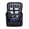 A picnic basket featuring a striped interior, with drink bottles, utensils, plates, and cups. It has a sleek black exterior.