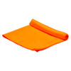 An orange cooling towel is rolled up, featuring a textured surface. It includes a logo.
