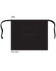 A black short waist apron with ties and a pocket, measuring 84cm x 69cm, featuring a logo.
