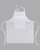 A white bib apron with a pocket and adjustable ties, featuring a logo on the front.