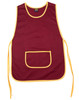 A maroon ladies' smock with yellow trim and a front pocket, featuring ties at the sides.