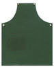 A dark green canvas bib apron featuring a front pocket and buttons at the neck for fastening.