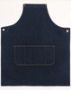 A denim bib apron in a dark blue shade featuring a front pocket and metal eyelets. It has a simple, classic design.