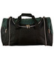 A black and green duffle bag with dual handles and zippered compartments, featuring a logo.