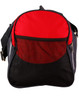 A duffle bag featuring a red top, black base, and mesh front panel, with an adjustable shoulder strap and a logo.