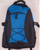A blue and navy backpack with multiple compartments, a front bungee cord design, and side mesh pockets.