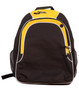 A black and yellow backpack featuring mesh side pockets and a logo on the front.