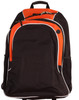 A black backpack with orange accents and white piping, featuring mesh side pockets and a logo.