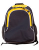 A dark blue backpack with yellow accents and mesh side pockets. It features a logo on the front.