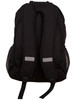 A black backpack with mesh side pockets and adjustable straps, featuring a logo on the back.