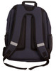 A navy backpack featuring padded adjustable straps, mesh side pockets, and a top handle. It includes branding on the surface.