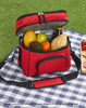 A black travel cooler bag with a zippered top, carrying handle, and adjustable shoulder strap. It features a front pocket.