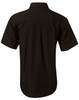 A black short sleeve button-up business shirt featuring a smooth design and a logo on the back.