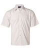 A white short sleeve business shirt with a button-up front and a chest pocket, featuring a logo.