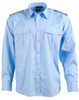 A light blue button-up shirt with epaulettes, featuring two front pockets and a logo on the collar.