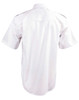 A white short sleeve button-up shirt with epaulettes and a smooth fabric texture, featuring a logo.