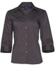 A women's dark grey 3/4 sleeve button-up shirt with a collar and branded label.